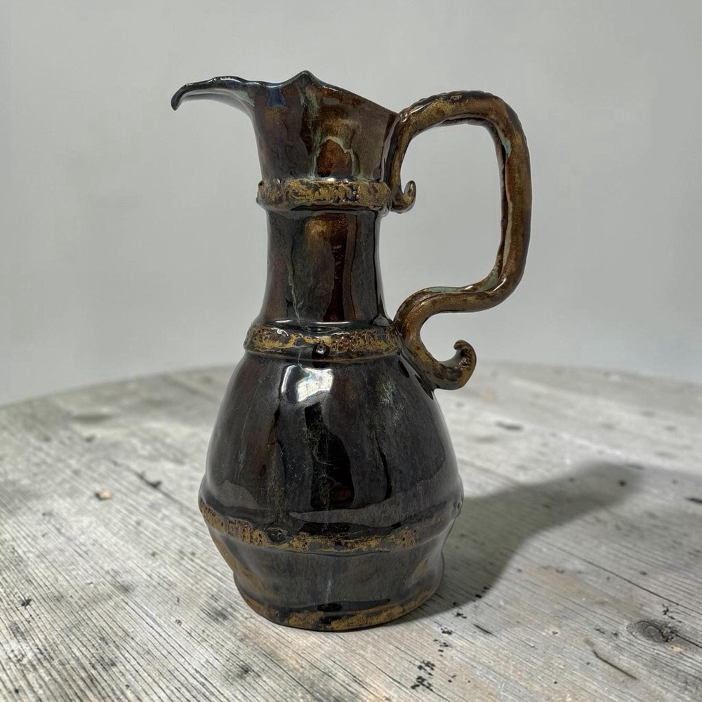 Vintage Studio Art Pottery Ewer Pitcher, Serpent Handle, Drip Glaze Signed 9"